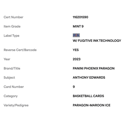 Anthony Edwards PSA 9 2023 Panini Phoenix Paragon Maroon Ice #d /275 Card #9