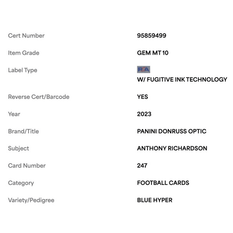 Anthony Richardson PSA 10 2023 Panini Donruss Optic Blue Hyper Rated Rookie Card #247