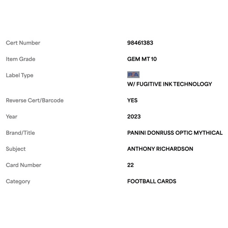 Anthony Richardson PSA 10 2023 Panini Donruss Optic Mythical Rookie RC Card #22