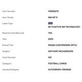 Anthony Richardson PSA 8 2023 Panini Contenders Optic Autograph Orange Rookie RC #5/ 50 Card #102