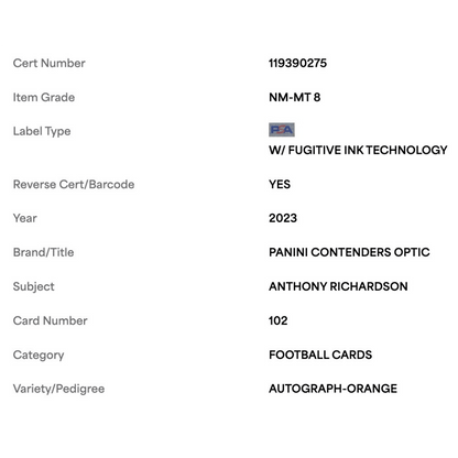 Anthony Richardson PSA 8 2023 Panini Contenders Optic Autograph Orange Rookie RC #5/ 50 Card #102