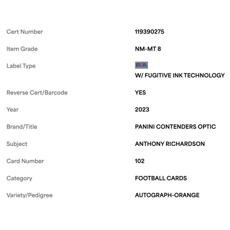 Anthony Richardson PSA 8 2023 Panini Contenders Optic Autograph Orange Rookie RC #5/ 50 Card #102