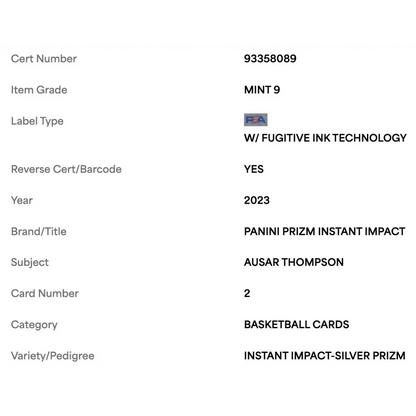 Ausar Thompson PSA 9 2023 Panini Prizm Instant Impact Silver Rookie RC Card #2