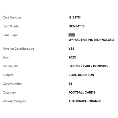 Bijan Robinson PSA 10 2023 Clearly Donruss Autograph Orange #d/ 75 Card #53