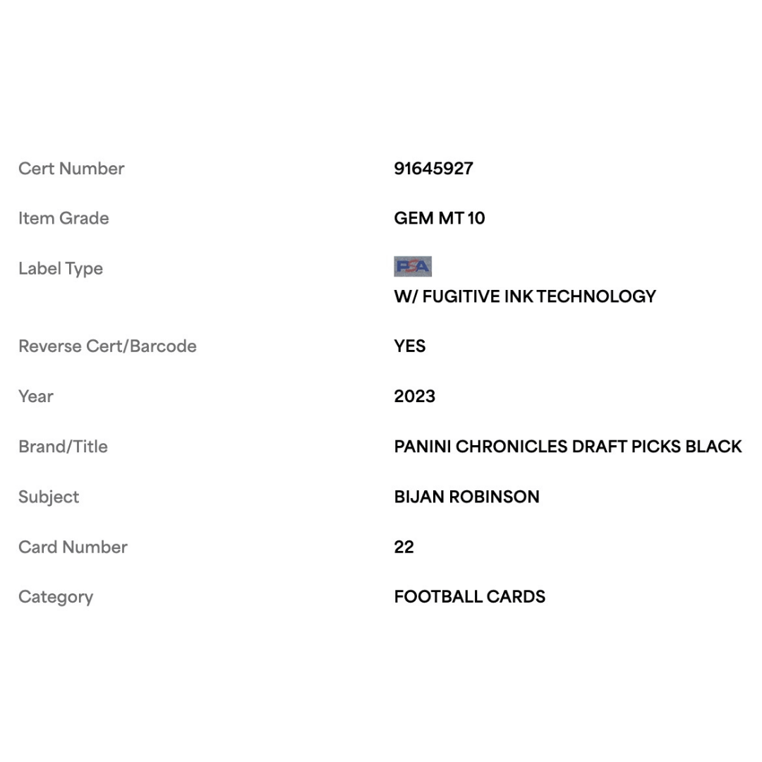 Bijan Robinson PSA 10 2023 Panini Chronicles Draft Picks Black Card #22