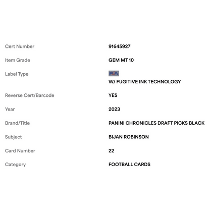 Bijan Robinson PSA 10 2023 Panini Chronicles Draft Picks Black Card #22