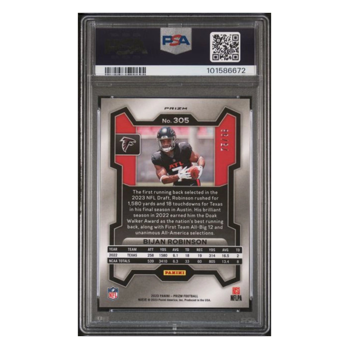 Bijan Robinson PSA 9 2023 Panini Prizm Blue Sparkle Rookie RC #d/ 96 Card #305