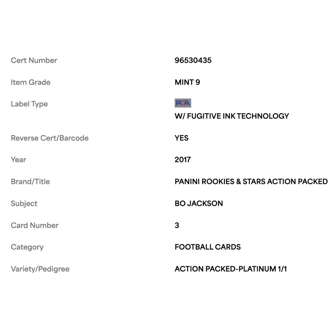 Bo Jackson PSA 9 2017 Panini Rookies & Stars Action Packed Platinum 1/1 Retro Card #3