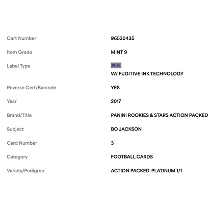 Bo Jackson PSA 9 2017 Panini Rookies & Stars Action Packed Platinum 1/1 Retro Card #3