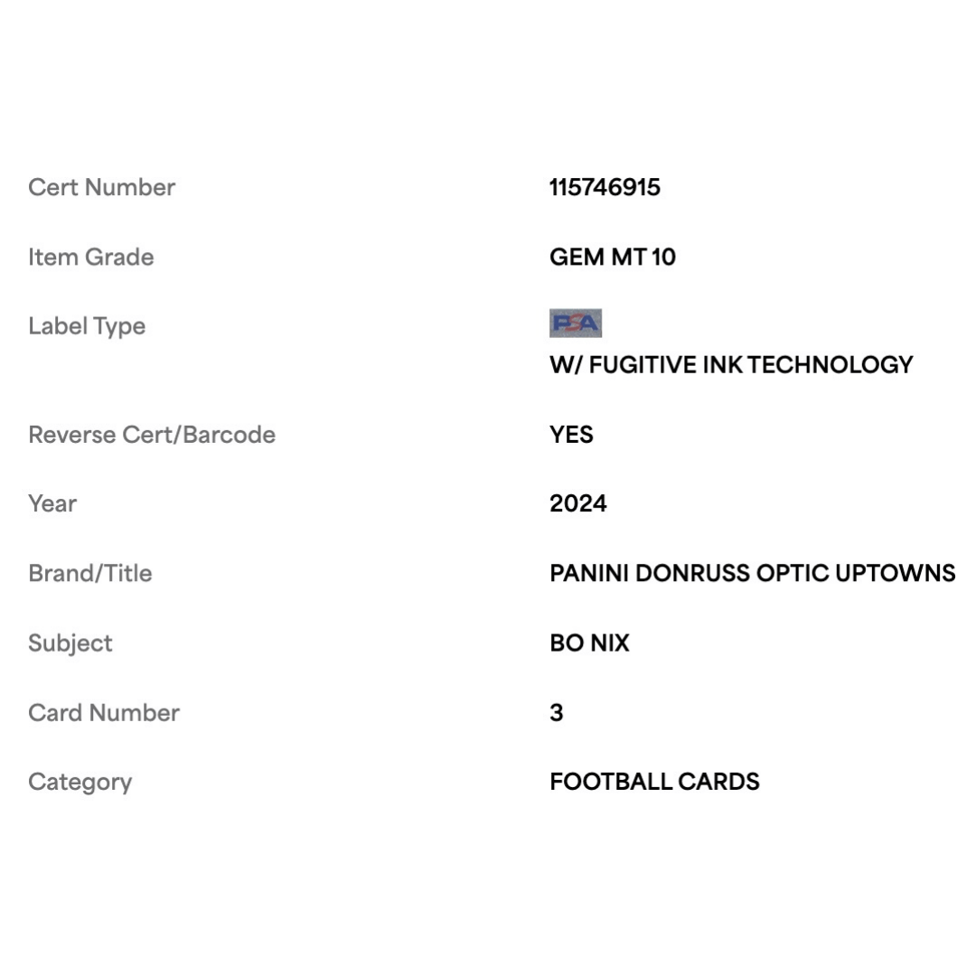 Bo Nix PSA 10 2024 Panini Donruss Optic Uptowns Rookie RC Card #3