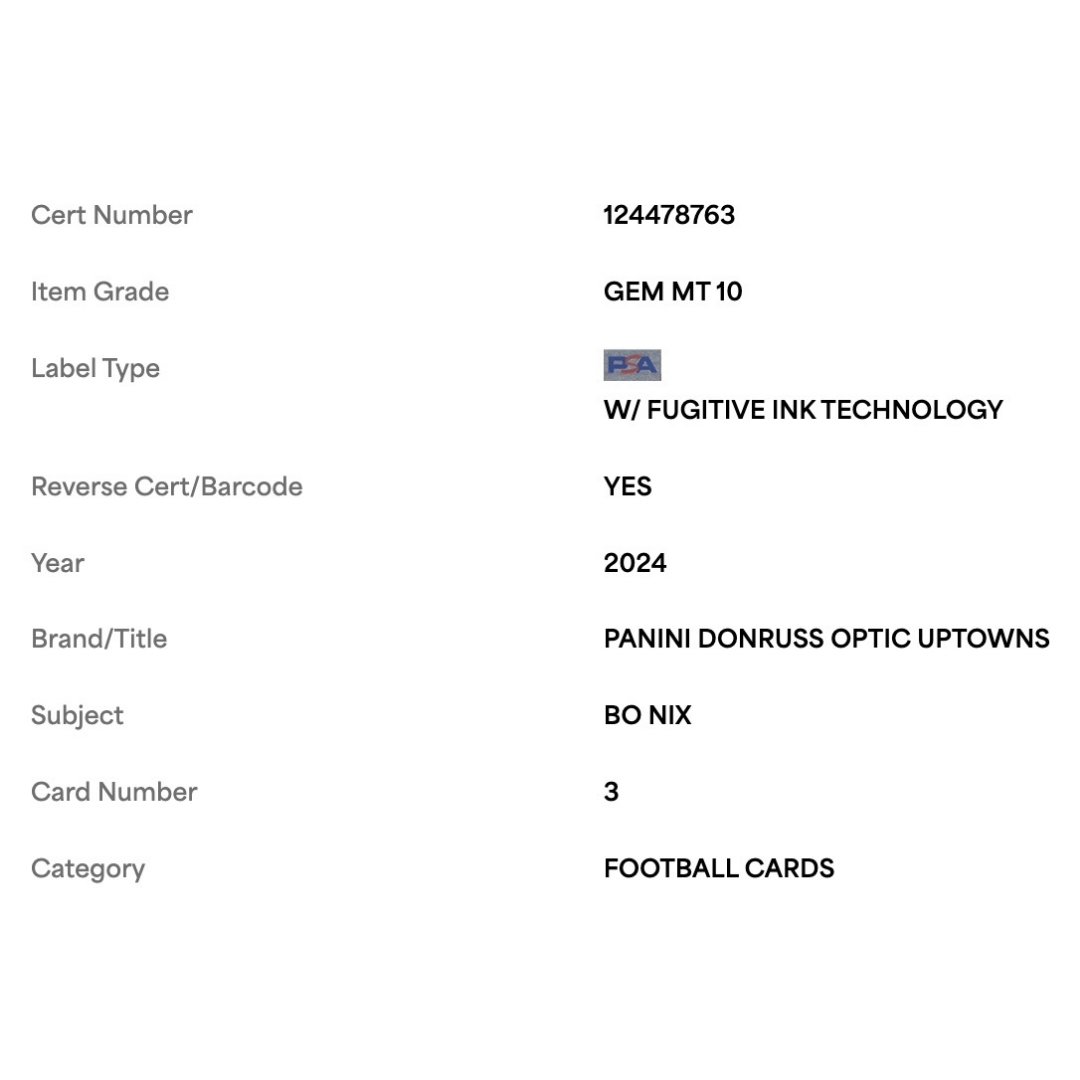 Bo Nix PSA 10 2024 Panini Donruss Optic Uptowns Rookie RC Card #3