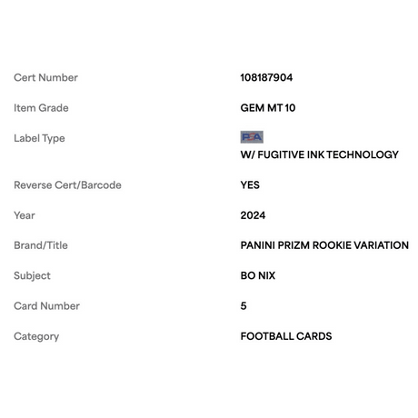 Bo Nix PSA 10 2024 Panini Prizm Rookie Variation Card #5