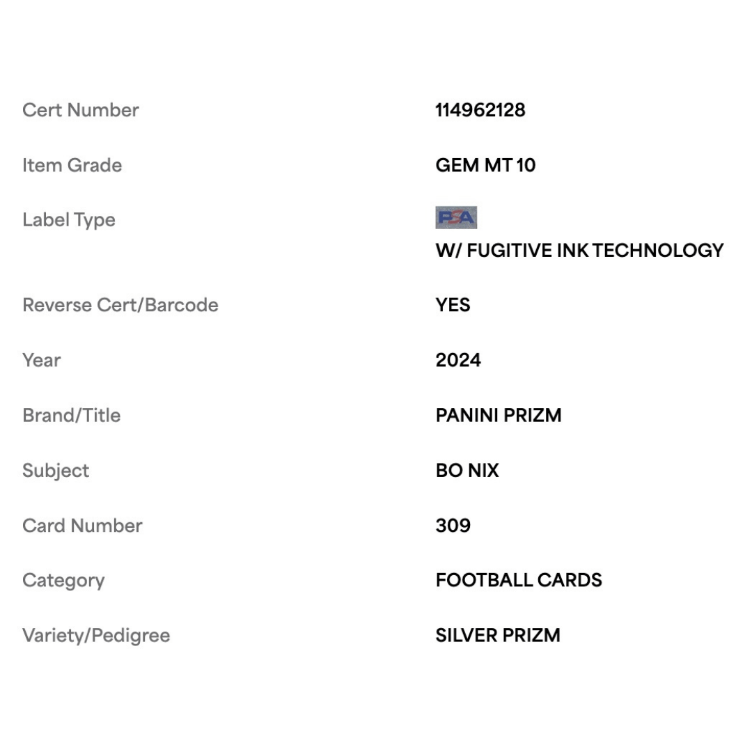Bo Nix PSA 10 2024 Panini Prizm Silver Rookie RC Card #309
