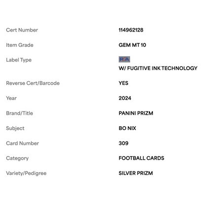 Bo Nix PSA 10 2024 Panini Prizm Silver Rookie RC Card #309