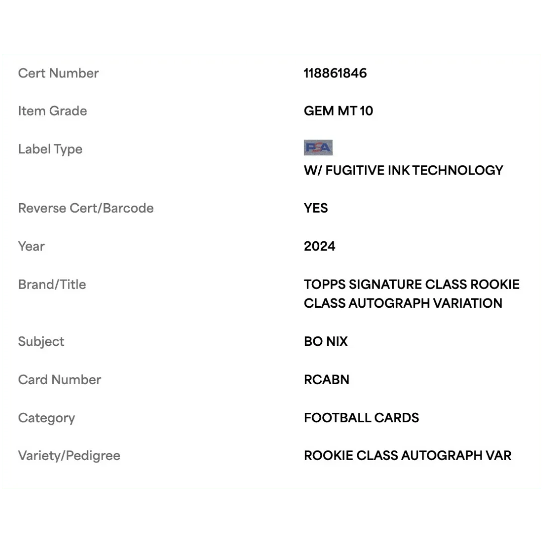 Bo Nix PSA 10 2024 Topps Signature Class Rookie Class Autograph Variation Card #RCABN
