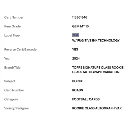 Bo Nix PSA 10 2024 Topps Signature Class Rookie Class Autograph Variation Card #RCABN