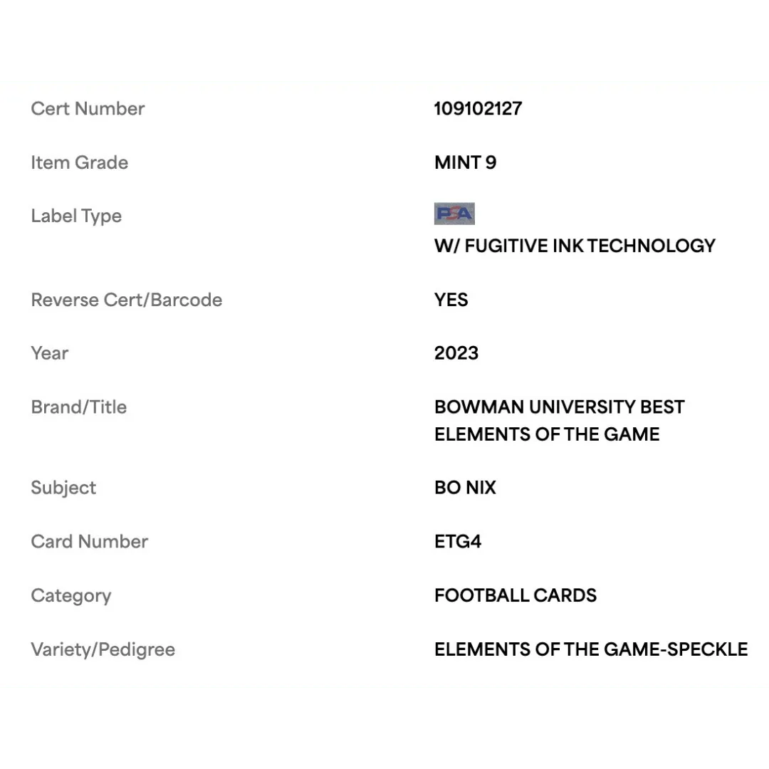 Bo Nix PSA 9 2023 Bowman University Best Elements of the Game Speckle Card #ETG4