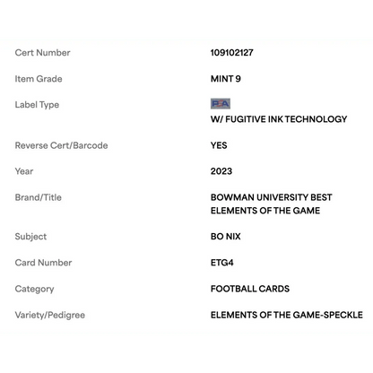 Bo Nix PSA 9 2023 Bowman University Best Elements of the Game Speckle Card #ETG4