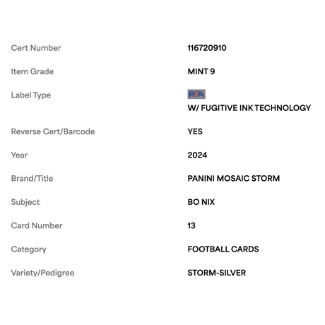 Bo Nix PSA 9 2024 Panini Mosaic Storm Silver Rookie RC Card #13
