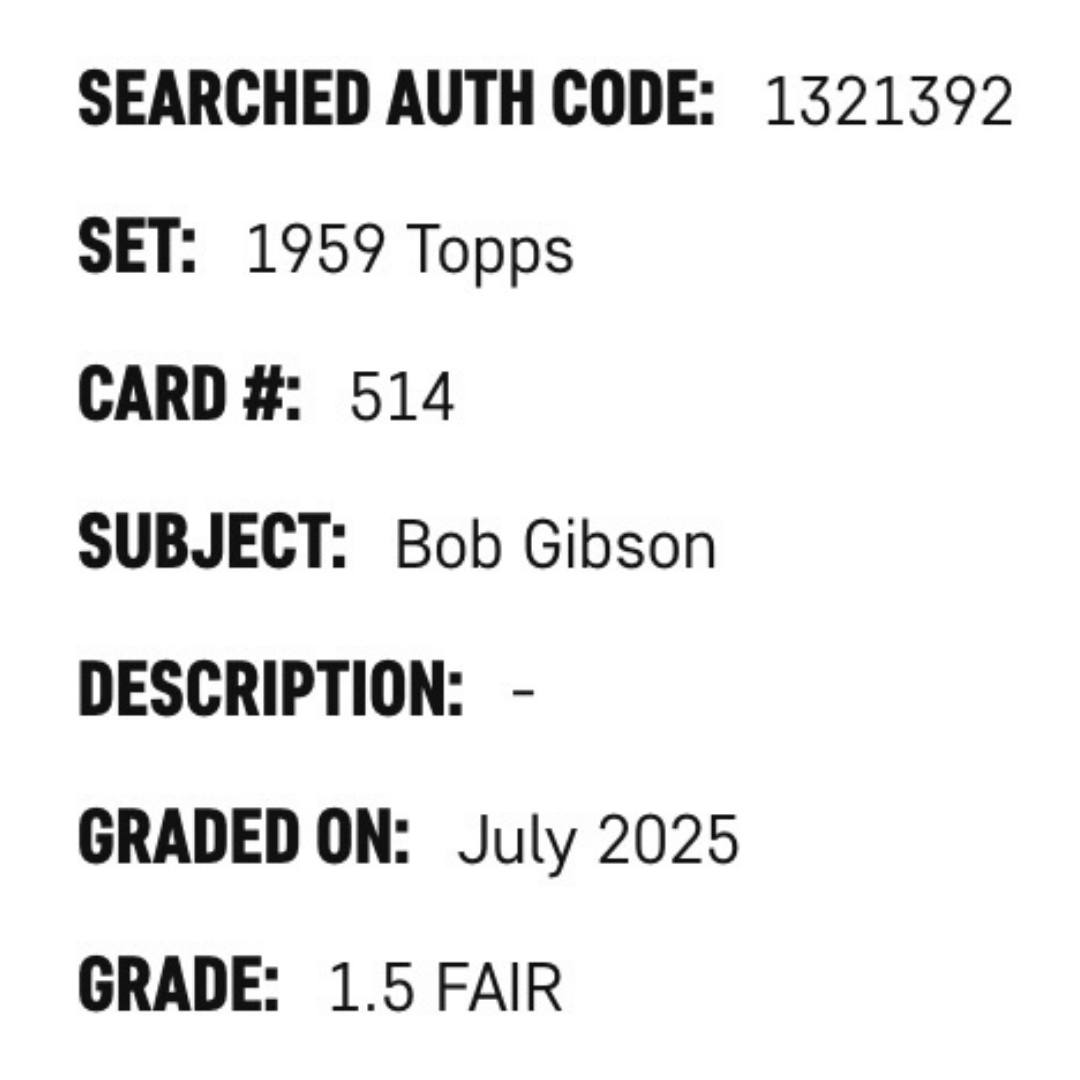 Bob Gibson SGC 1.5 1959 Topps Card #514