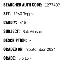 Bob Gibson SGC 5.5 1963 Topps Card #415