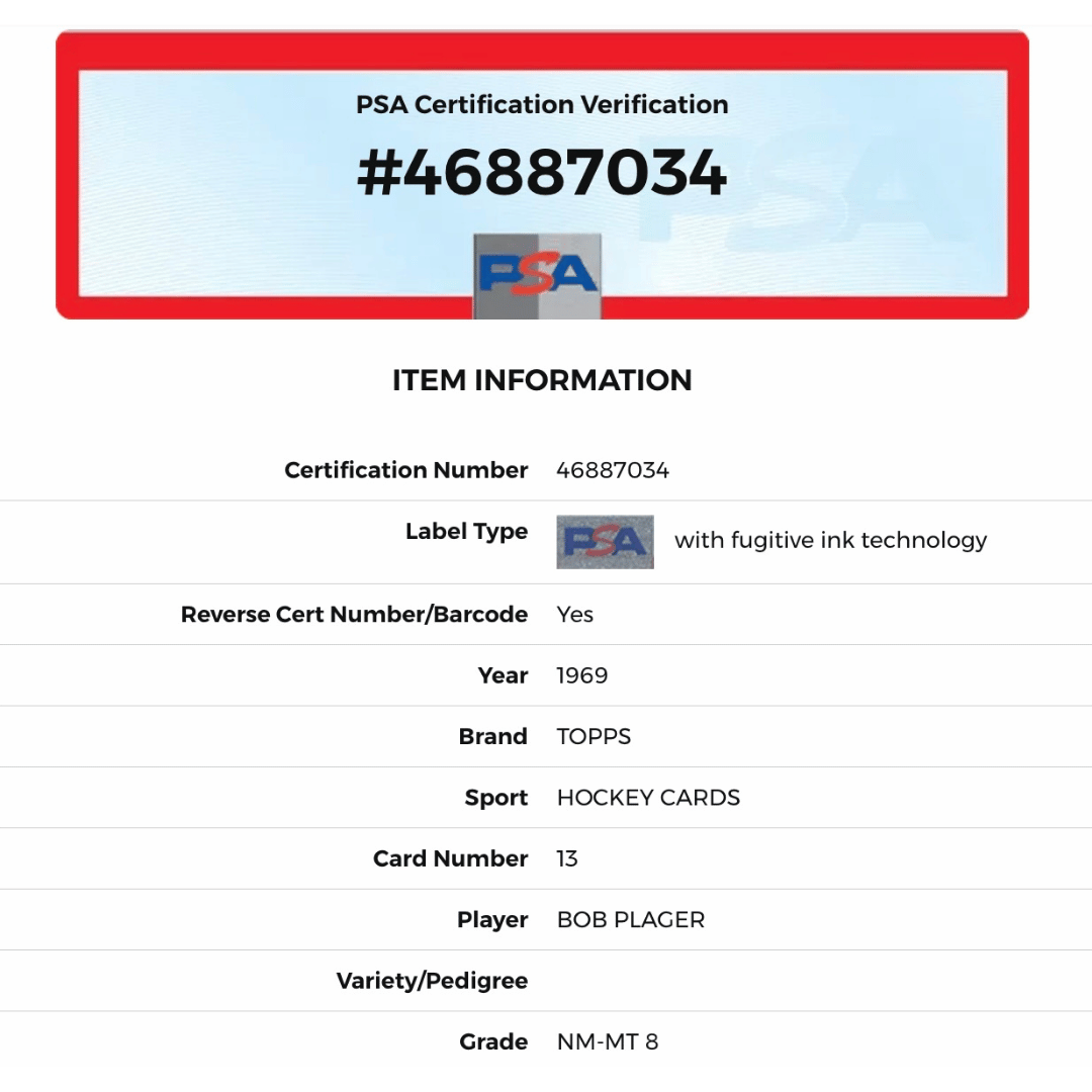 Bob Plager PSA 8 NEAR MINT 1969 Topps #13