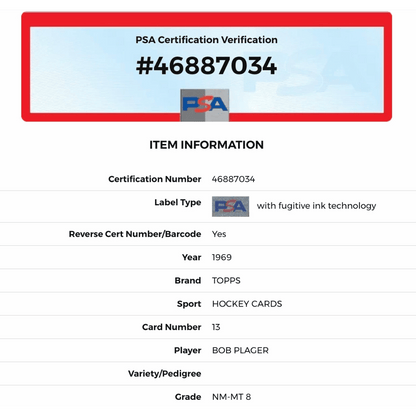 Bob Plager PSA 8 NEAR MINT 1969 Topps #13