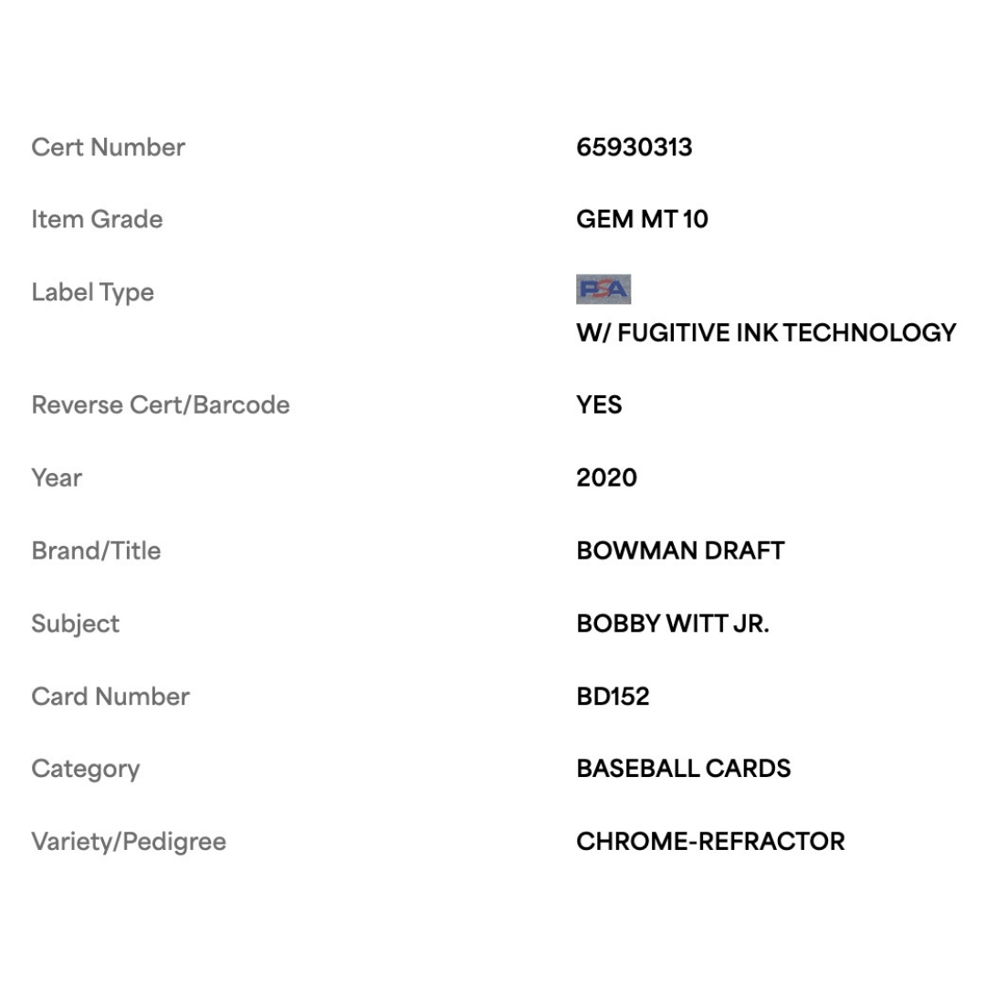 Bobby Witt Jr PSA 10 2020 Topps Bowman Draft Chrome Refractor #d/199 Card #BD152