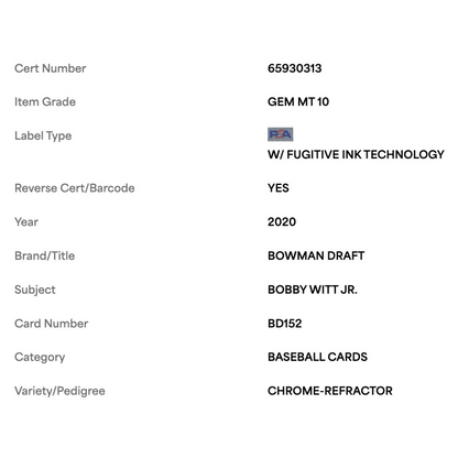 Bobby Witt Jr PSA 10 2020 Topps Bowman Draft Chrome Refractor #d/199 Card #BD152