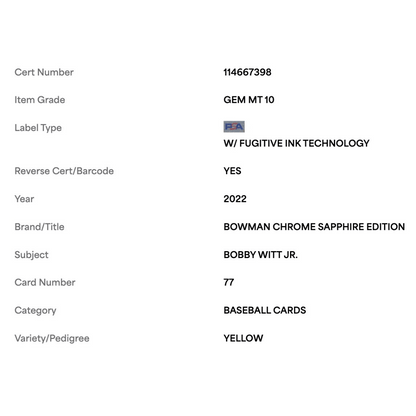 Bobby Witt Jr PSA 10 2022 Bowman Chrome Sapphire Edition Yellow Refractor Rookie RC #d /50 Card #77