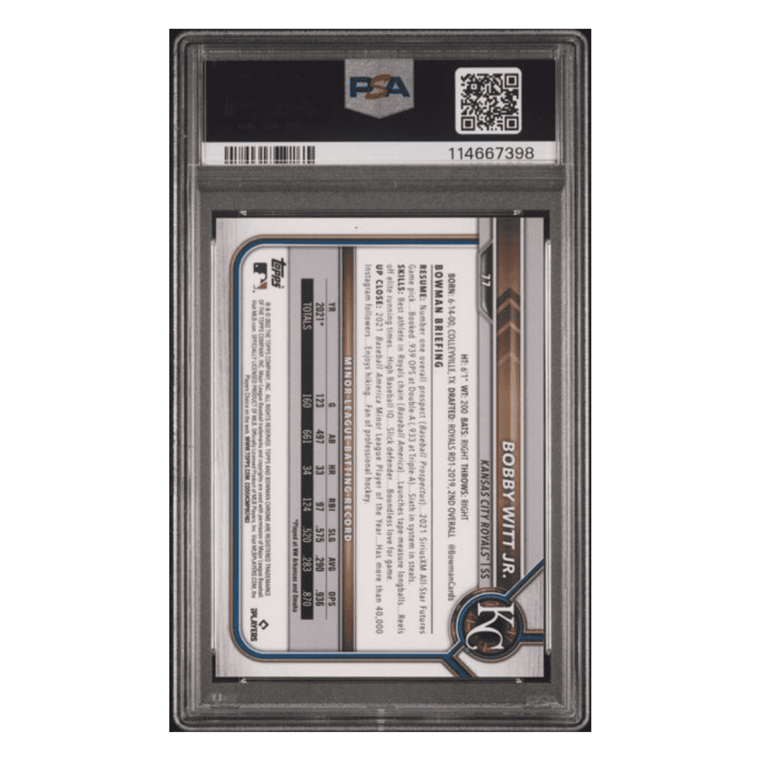 Bobby Witt Jr PSA 10 2022 Bowman Chrome Sapphire Edition Yellow Refractor Rookie RC #d /50 Card #77