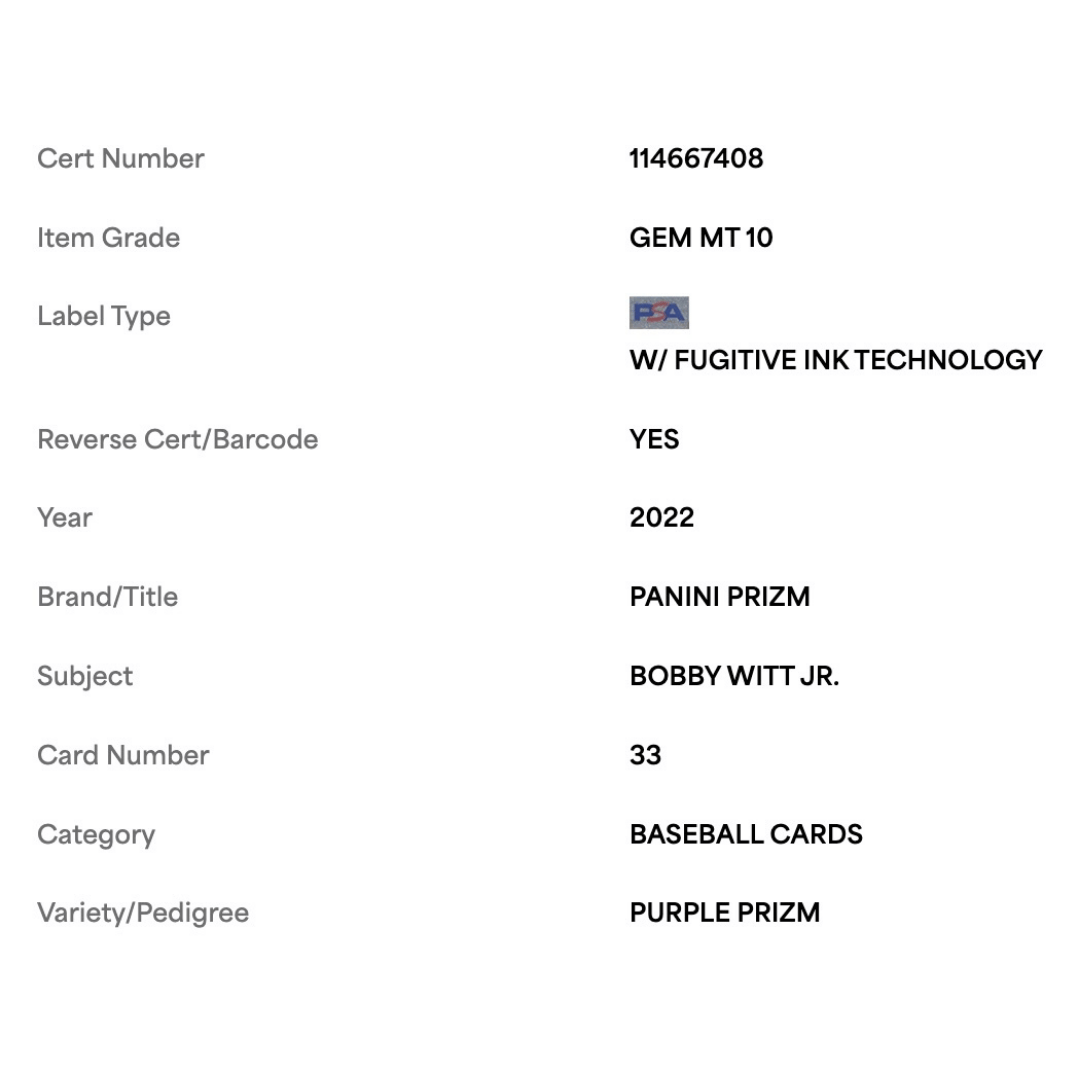 Bobby Witt Jr PSA 10 2022 Panini Prizm Purple Rookie RC Card #33