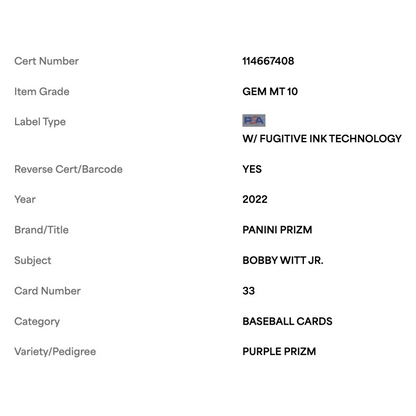 Bobby Witt Jr PSA 10 2022 Panini Prizm Purple Rookie RC Card #33