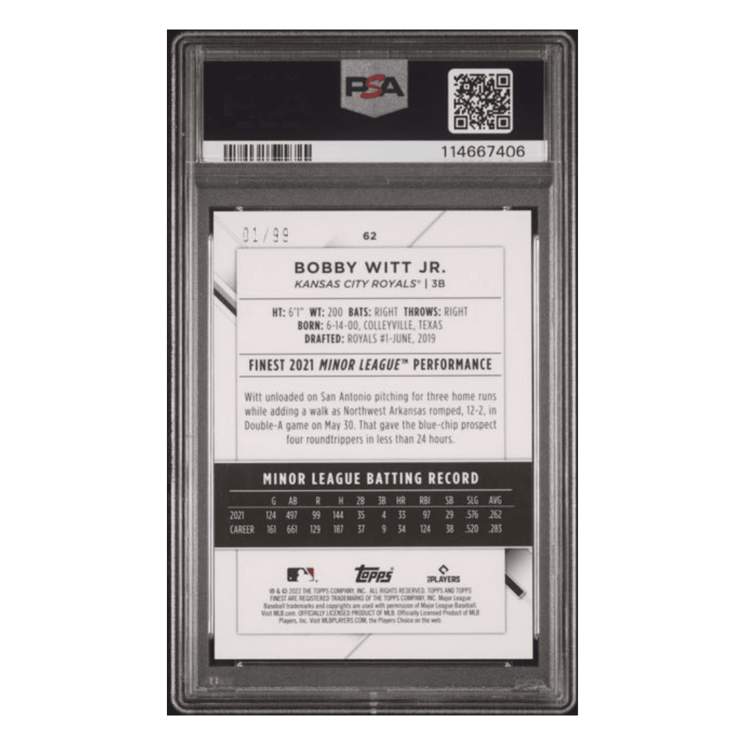Bobby Witt Jr PSA 10 2022 Topps Finest Green Refractor Rookie RC #1/99 Card #62