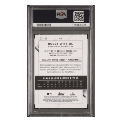 Bobby Witt Jr PSA 10 2022 Topps Finest Green Refractor Rookie RC #1/99 Card #62