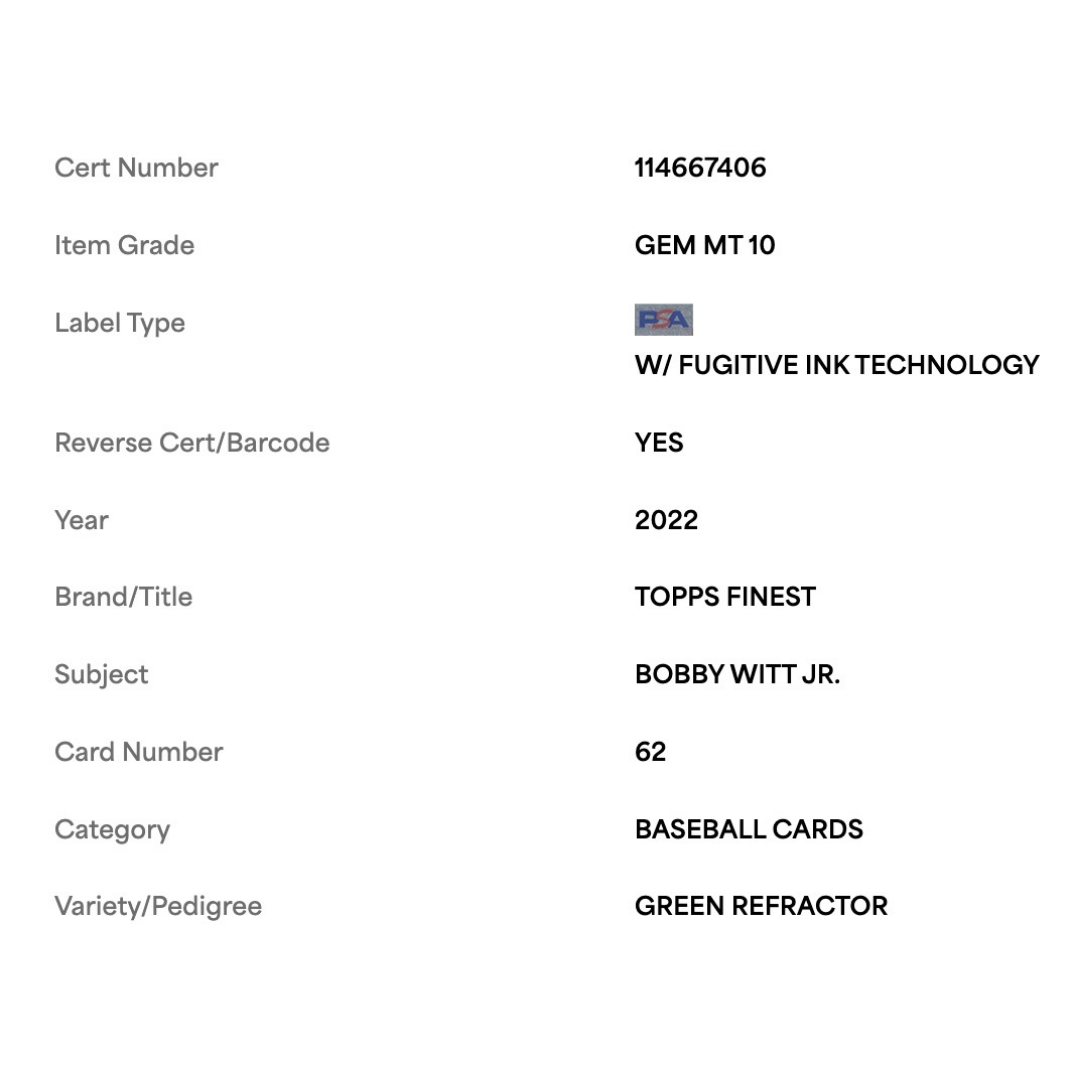 Bobby Witt Jr PSA 10 2022 Topps Finest Green Refractor Rookie RC #1/99 Card #62