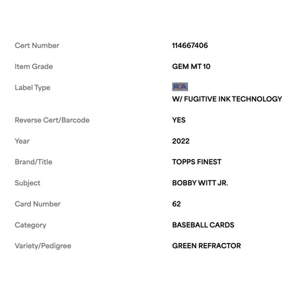Bobby Witt Jr PSA 10 2022 Topps Finest Green Refractor Rookie RC #1/99 Card #62