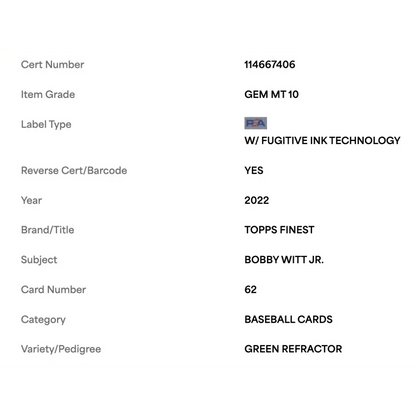 Bobby Witt Jr PSA 10 2022 Topps Finest Green Refractor Rookie RC #1/99 Card #62