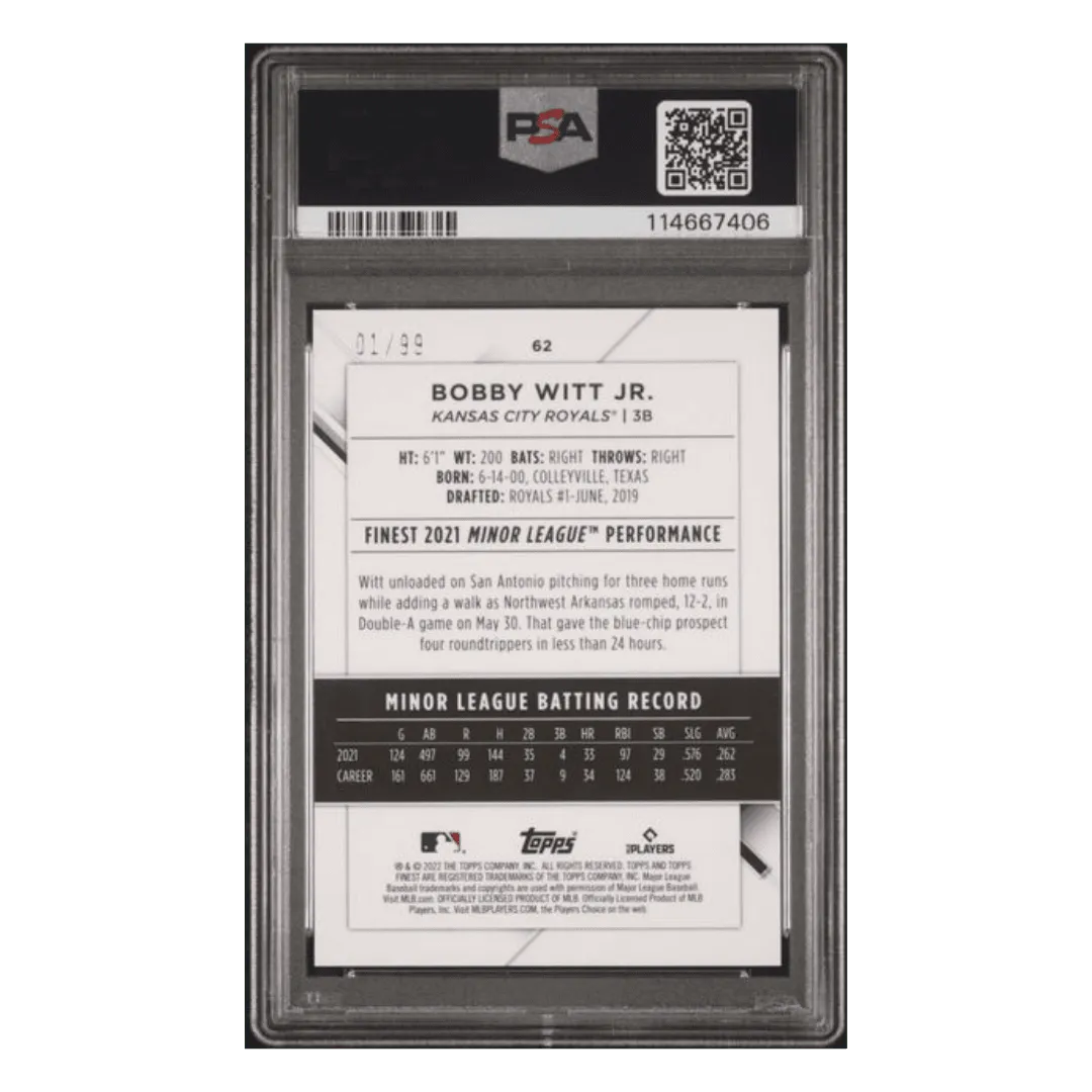 Bobby Witt Jr PSA 10 2022 Topps Finest Green Refractor Rookie RC #1/99 Card #62