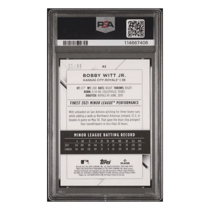 Bobby Witt Jr PSA 10 2022 Topps Finest Green Refractor Rookie RC #1/99 Card #62