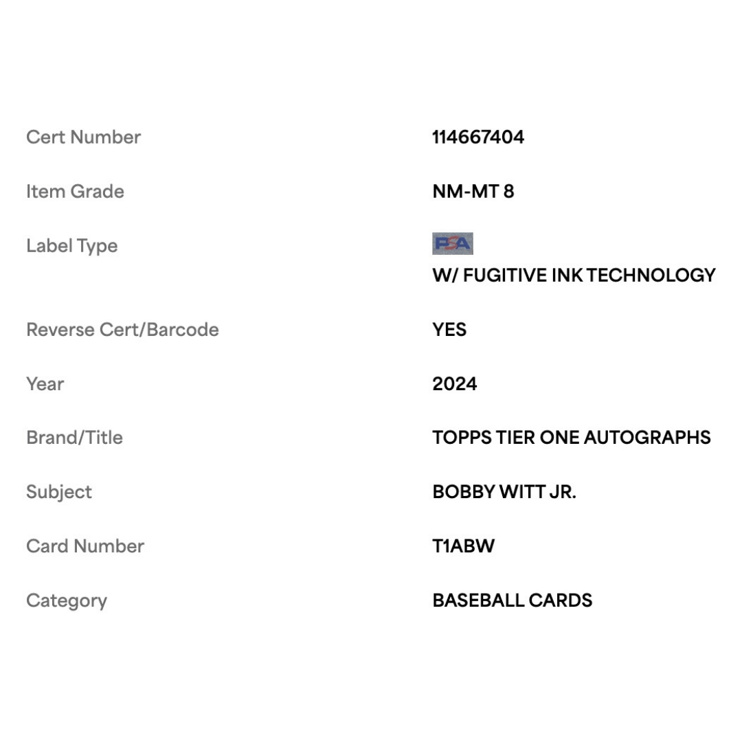 Bobby Witt Jr PSA 8 2024 Topps Tier One Autograph #d /99 Card #T1ABW