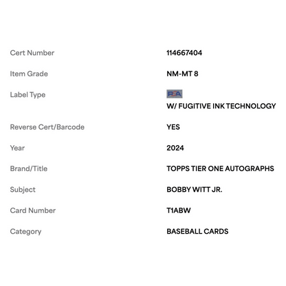 Bobby Witt Jr PSA 8 2024 Topps Tier One Autograph #d /99 Card #T1ABW