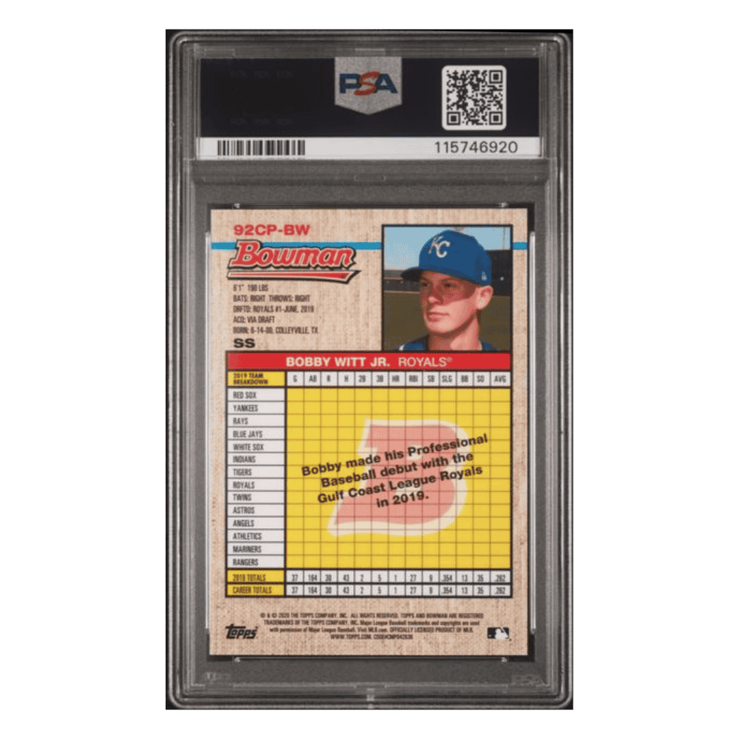 Bobby Witt Jr PSA 9 2020 Bowman Heritage Chrome Prospects Gold Refractor #d/50 Card #BW