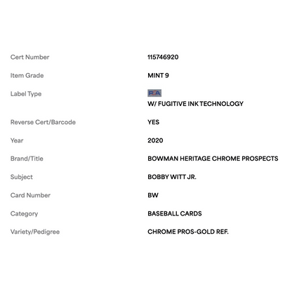 Bobby Witt Jr PSA 9 2020 Bowman Heritage Chrome Prospects Gold Refractor #d/50 Card #BW
