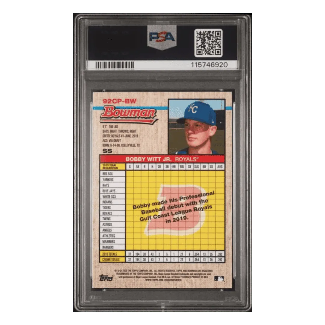 Bobby Witt Jr PSA 9 2020 Bowman Heritage Chrome Prospects Gold Refractor #d/50 Card #BW