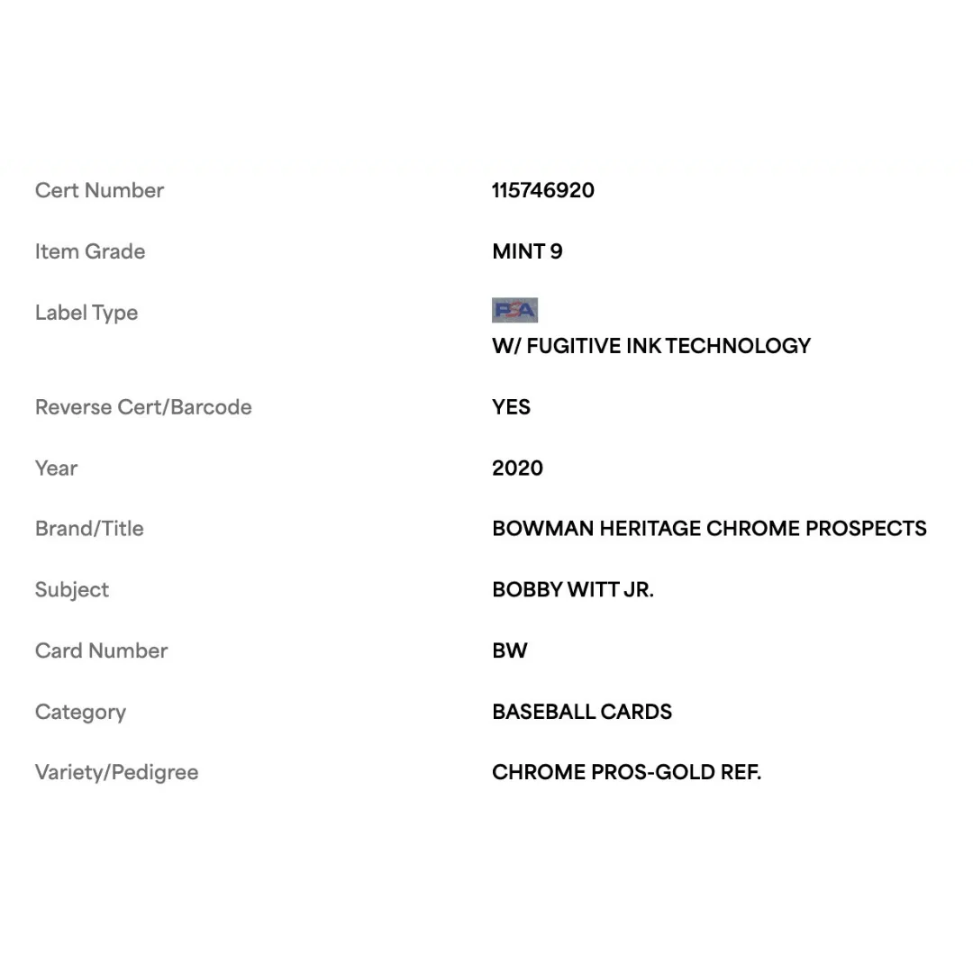 Bobby Witt Jr PSA 9 2020 Bowman Heritage Chrome Prospects Gold Refractor #d/50 Card #BW
