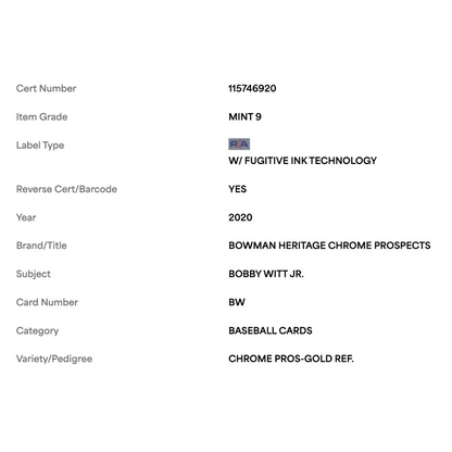Bobby Witt Jr PSA 9 2020 Bowman Heritage Chrome Prospects Gold Refractor #d/50 Card #BW