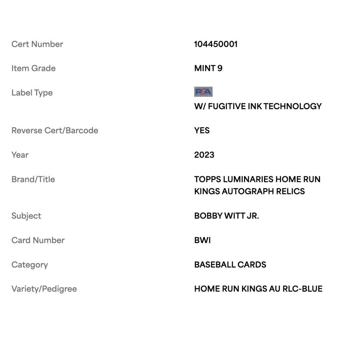 Bobby Witt Jr PSA 9 2023 Topps Luminaries Home Run Kings Autograph Relics Blue #d/10 Card #BWI