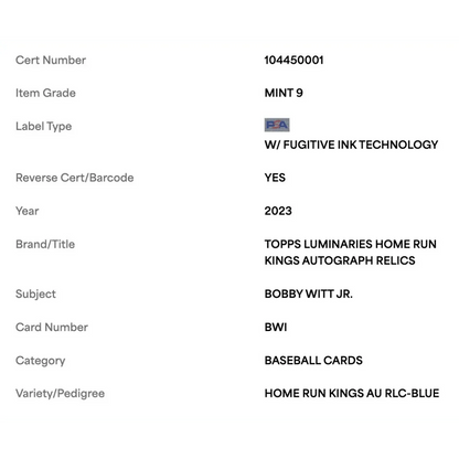 Bobby Witt Jr PSA 9 2023 Topps Luminaries Home Run Kings Autograph Relics Blue #d/10 Card #BWI