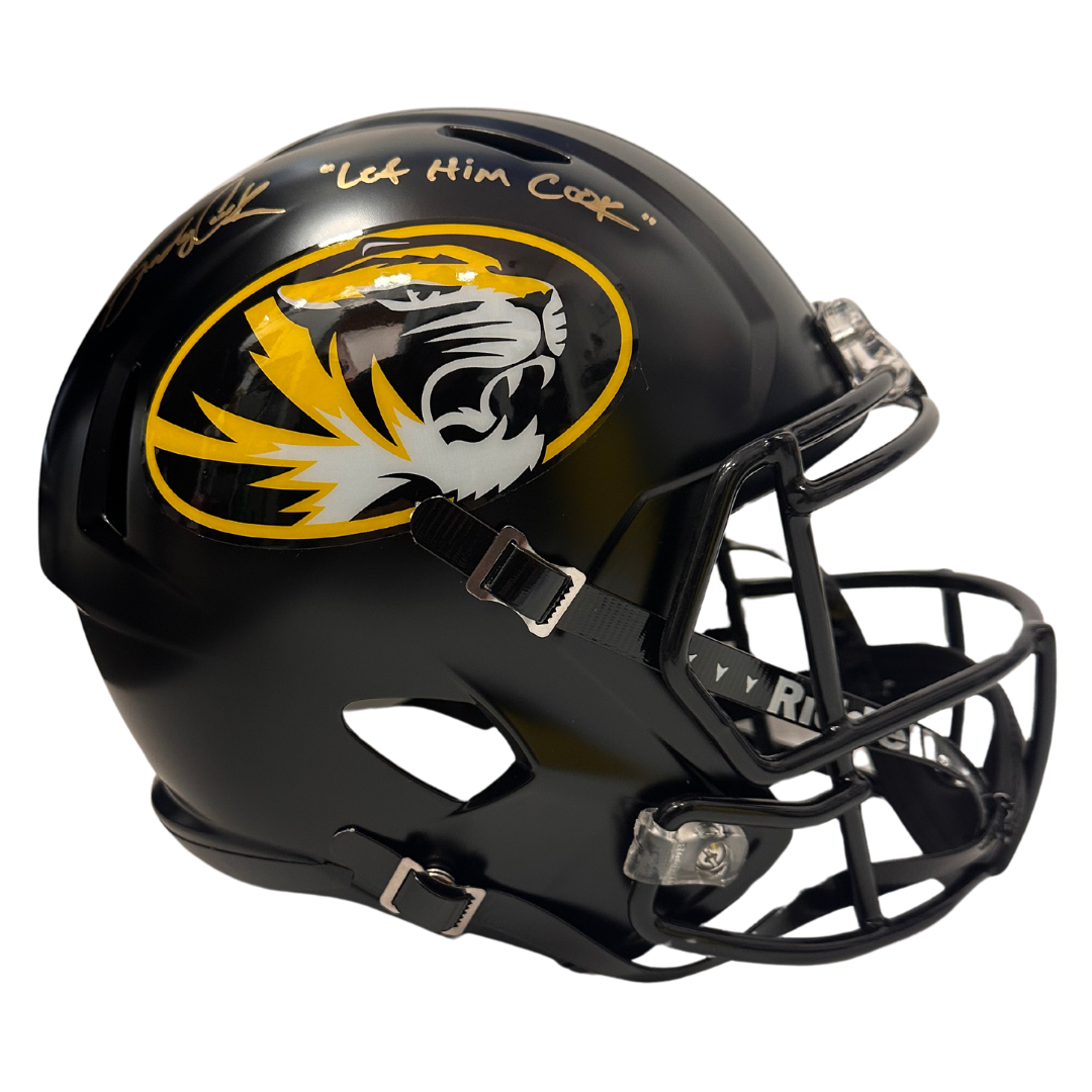 Brady Cook Missouri Tigers Autographed Full Size Anodized Black Speed Rep Helmet w/ "Let Him Cook" Inscription - JSA COA